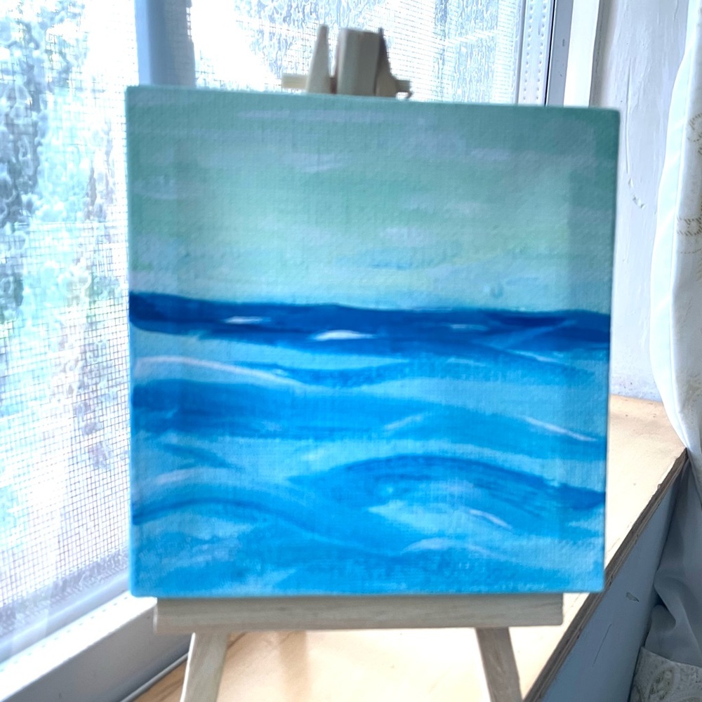 Art for inspiration! Waves of blue ocean! Acrylic painting on cavas 4x4